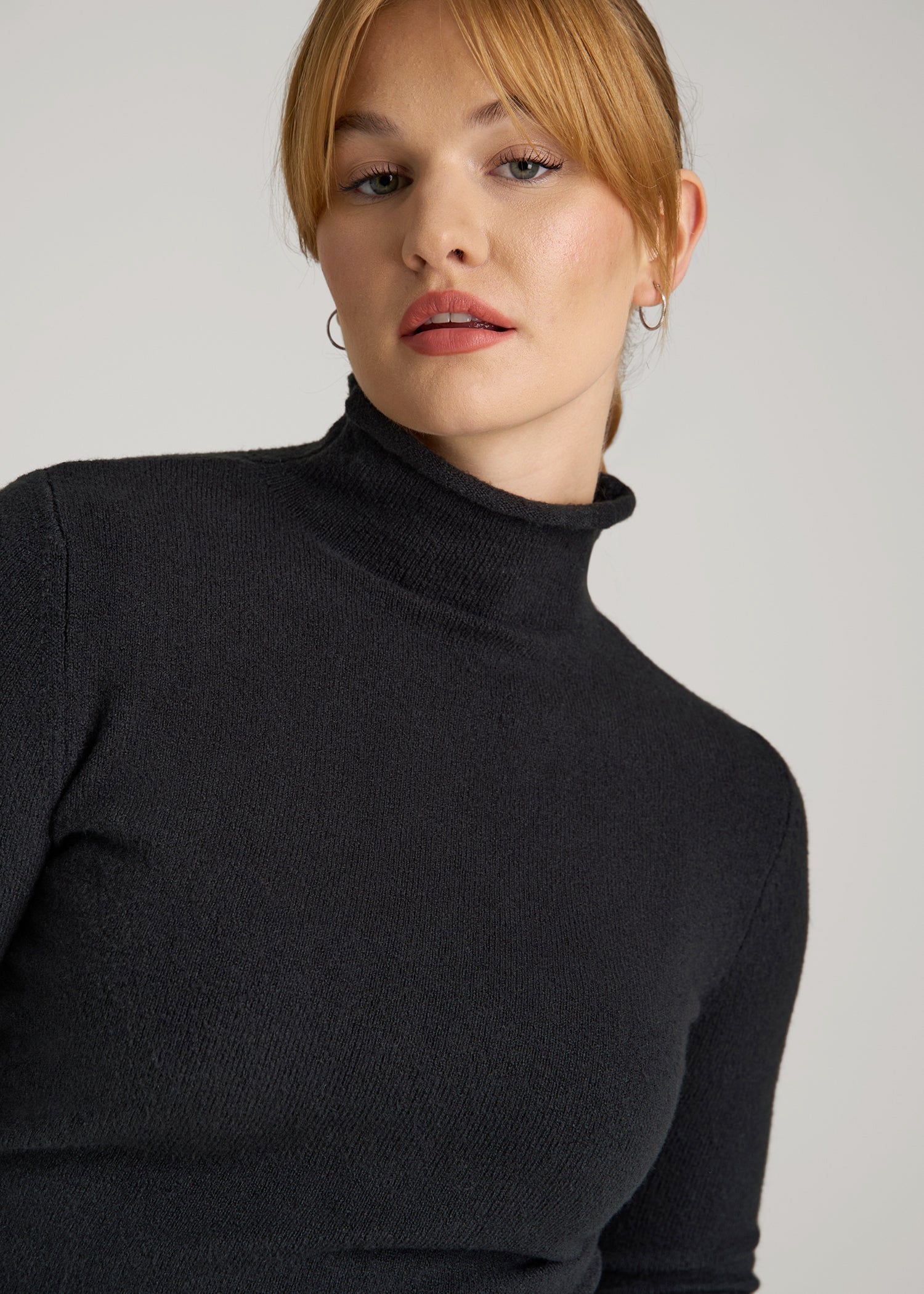 American Tall Women Rolled Mock Neck Sweater for Tall Women in Black