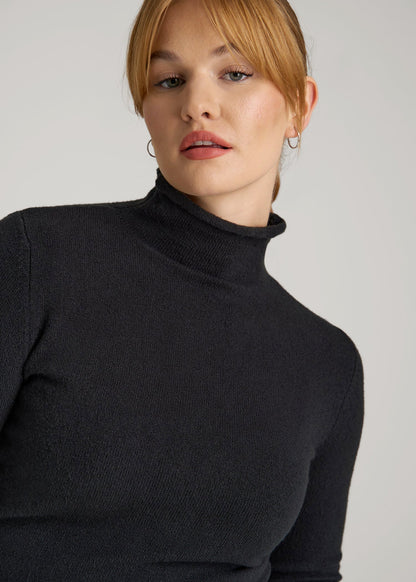 American Tall Women Rolled Mock Neck Sweater for Tall Women in Black