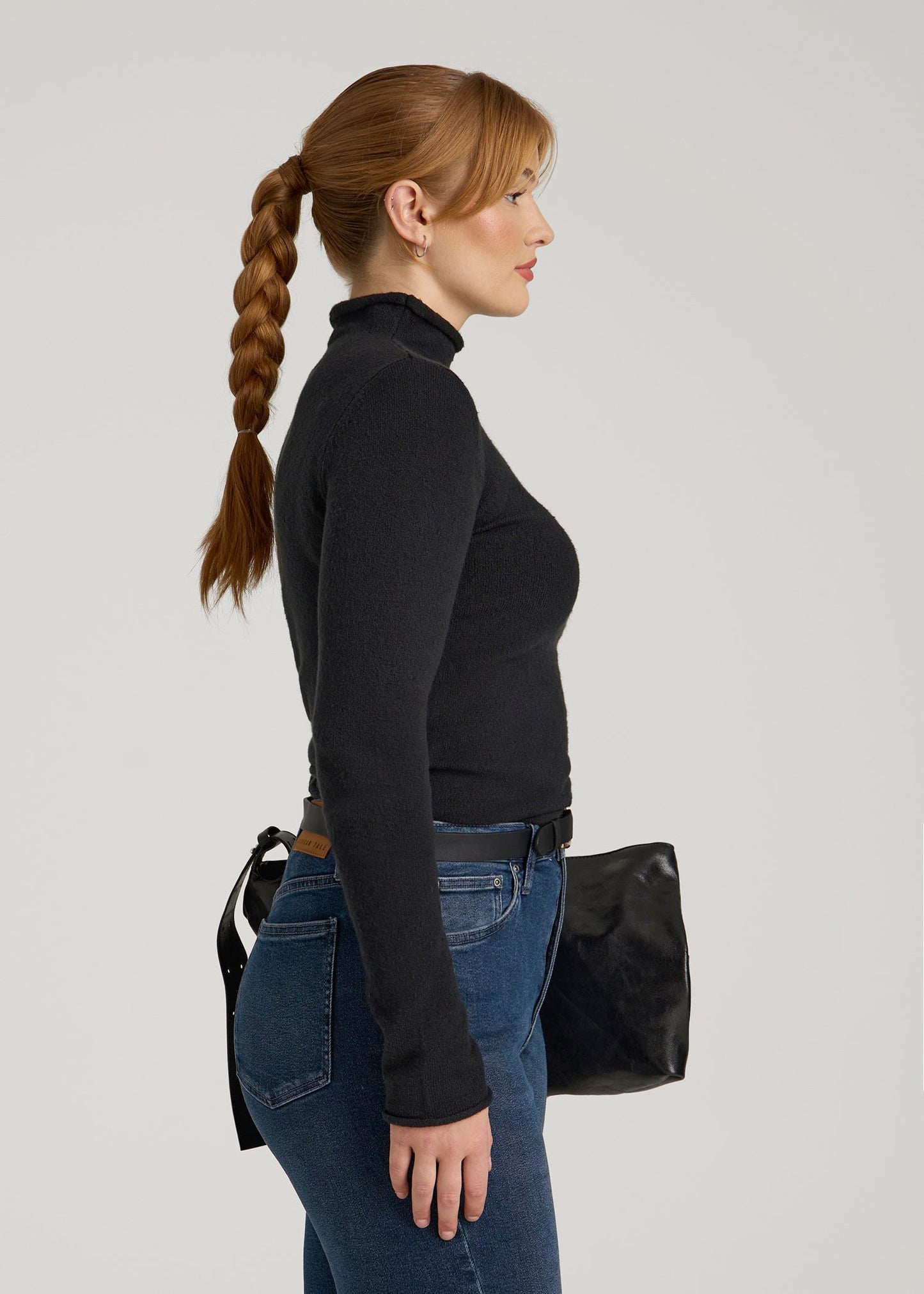 American Tall Women Rolled Mock Neck Sweater for Tall Women in Black