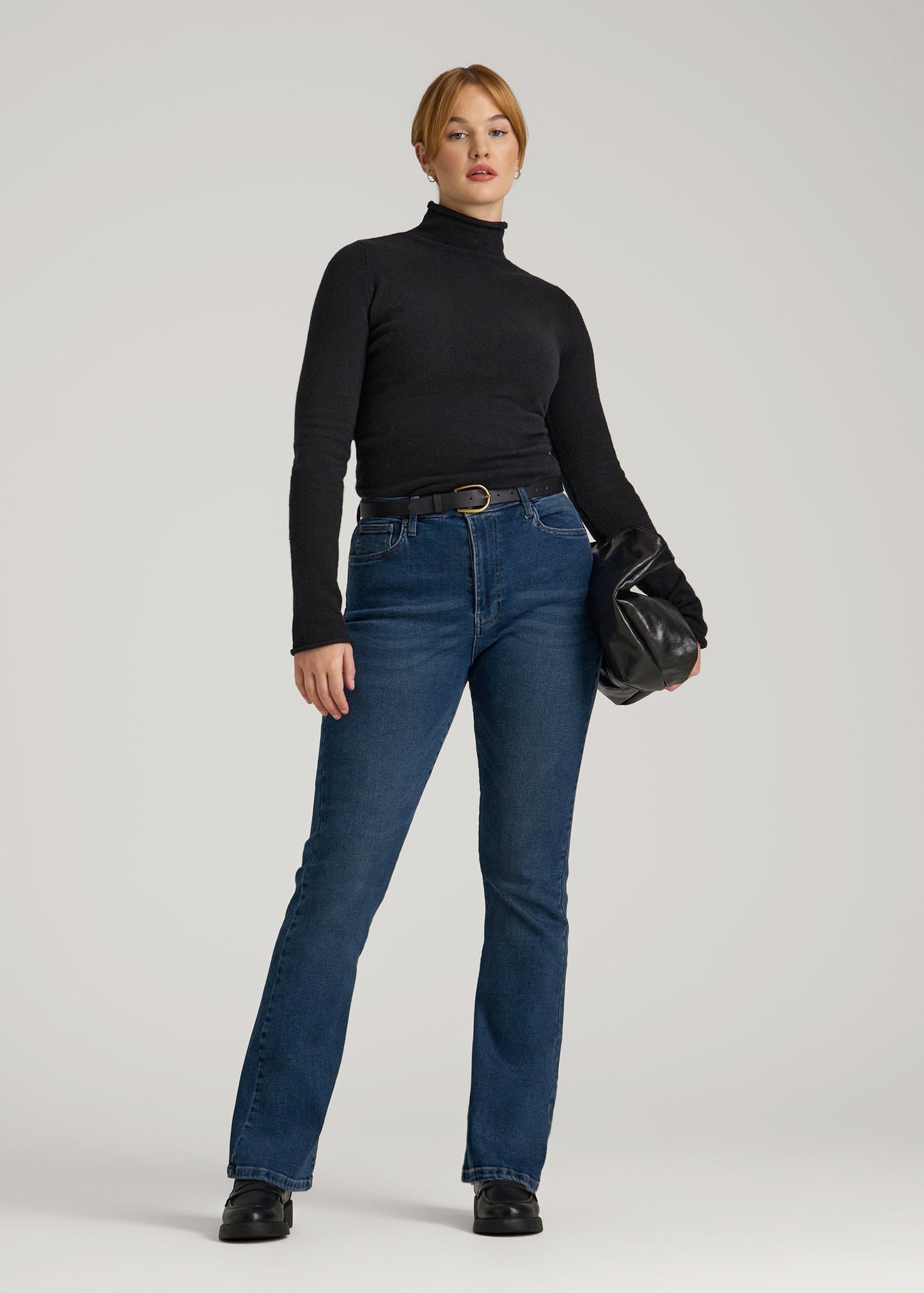 American Tall Women Rolled Mock Neck Sweater for Tall Women in Black