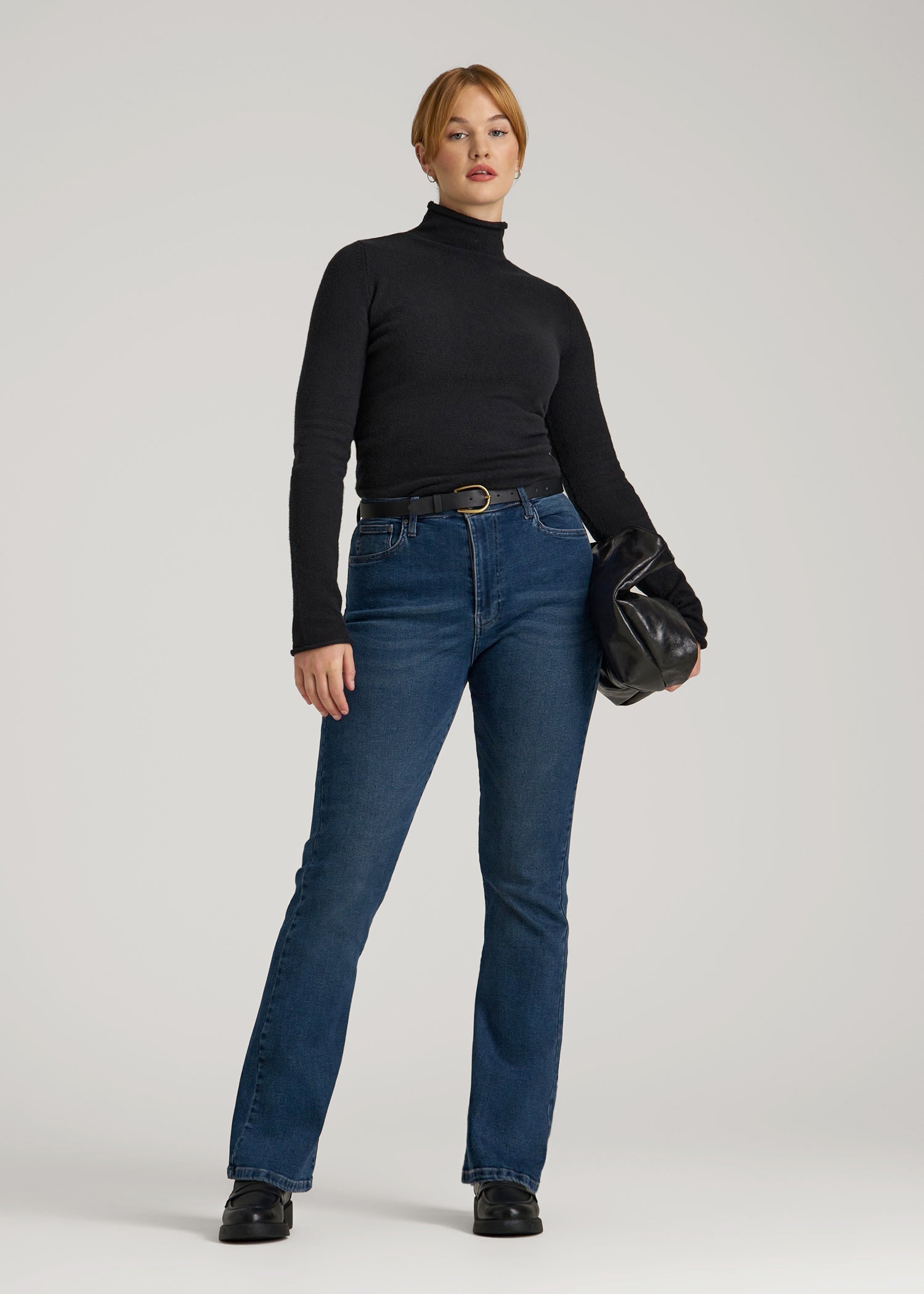 American Tall Women Rolled Mock Neck Sweater for Tall Women in Black