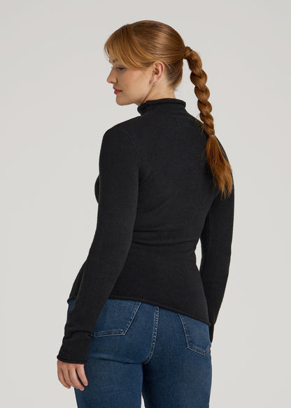 American Tall Women Rolled Mock Neck Sweater for Tall Women in Black