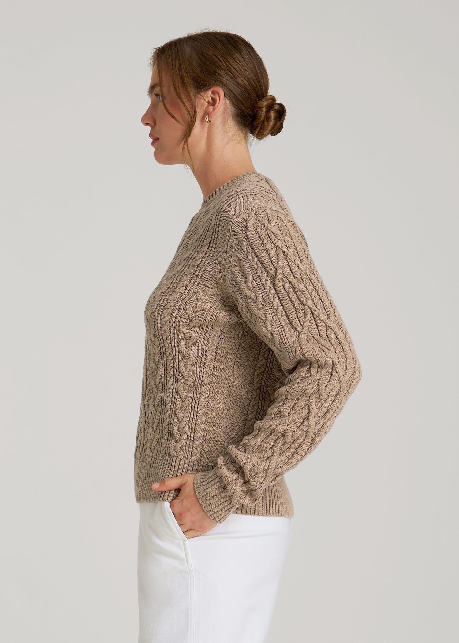American Tall Women Cotton Crewneck Sweater for Tall Women in Stucco