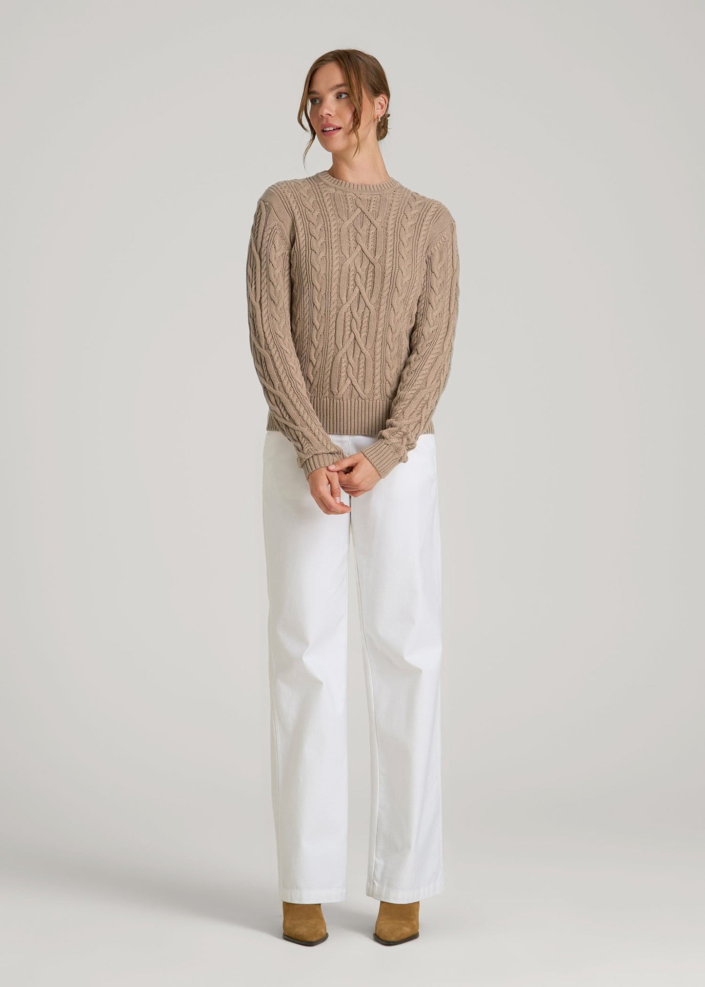 American Tall Women Cotton Crewneck Sweater for Tall Women in Stucco