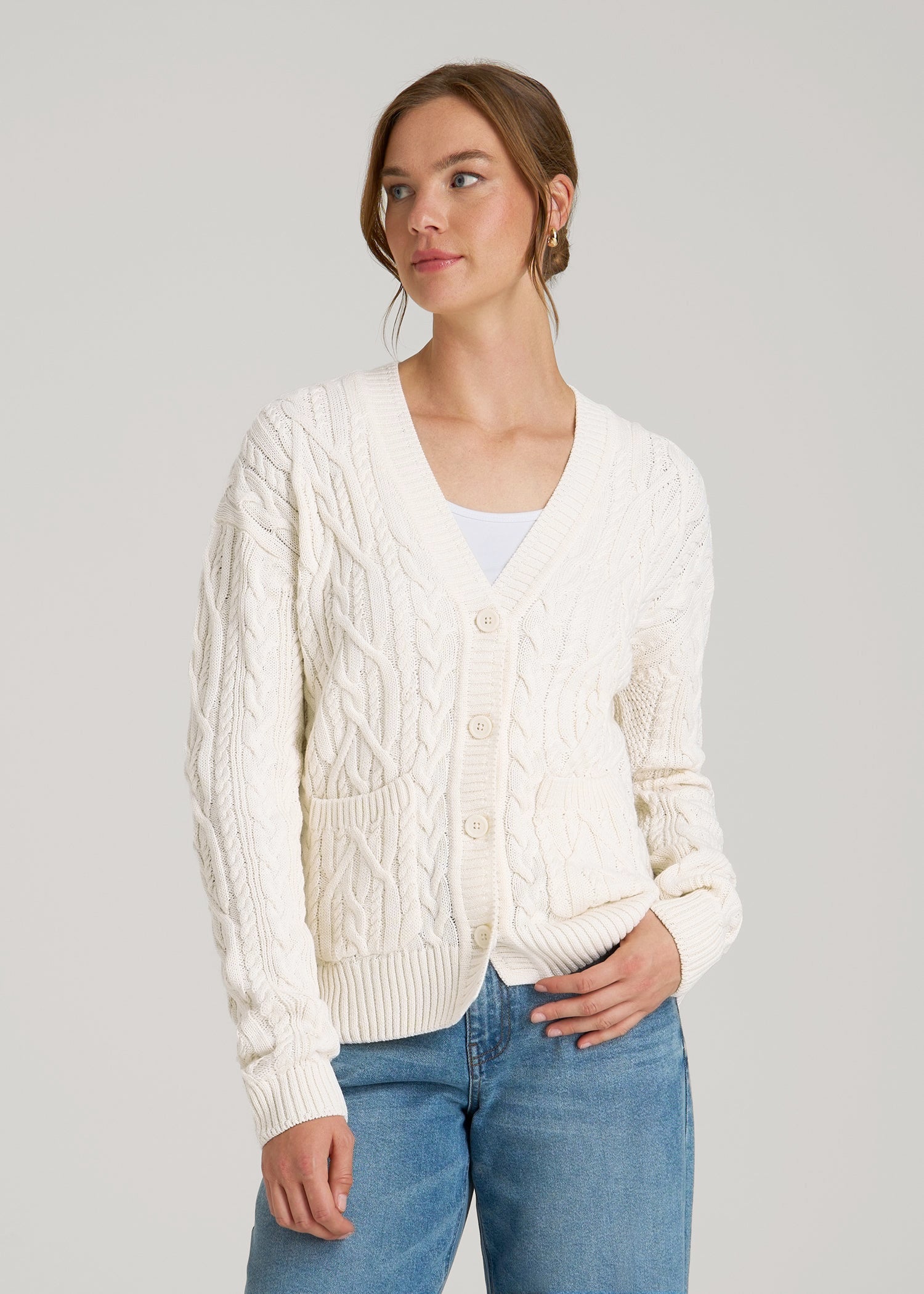 American Tall Women Relaxed Cotton Cable Knit Cardigan for Tall Women in Ecru