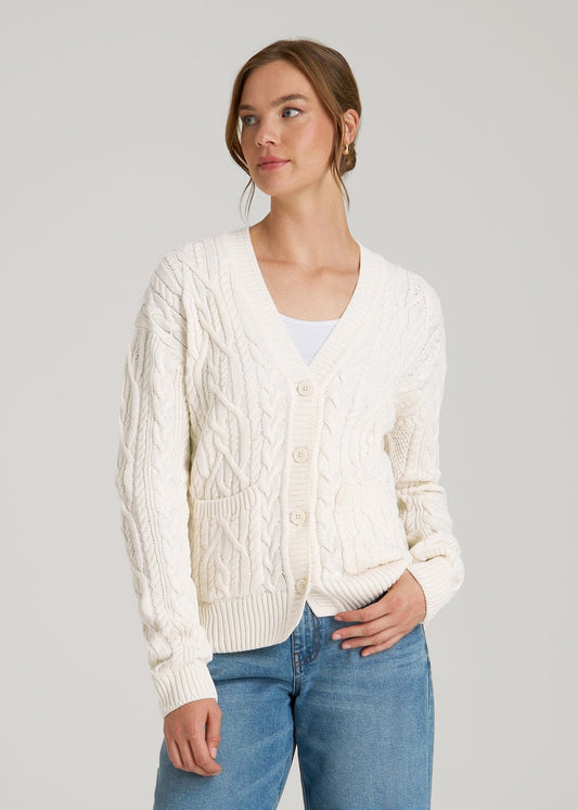 American Tall Women Relaxed Cotton Cable Knit Cardigan for Tall Women in Ecru
