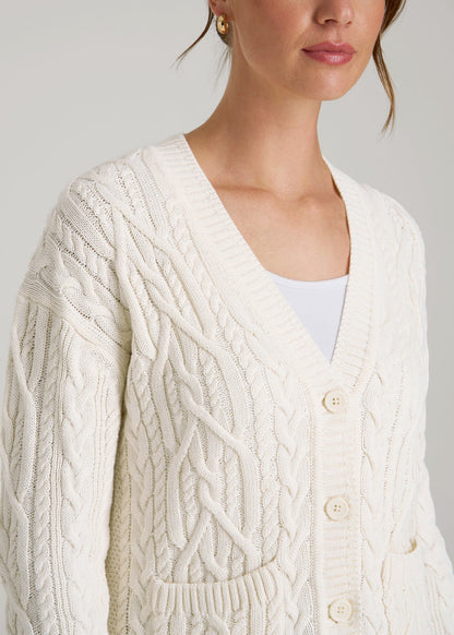 American Tall Women Relaxed Cotton Cable Knit Cardigan for Tall Women in Ecru