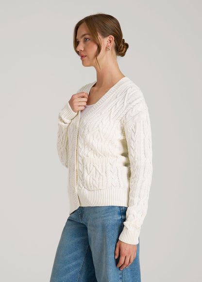 American Tall Women Relaxed Cotton Cable Knit Cardigan for Tall Women in Ecru