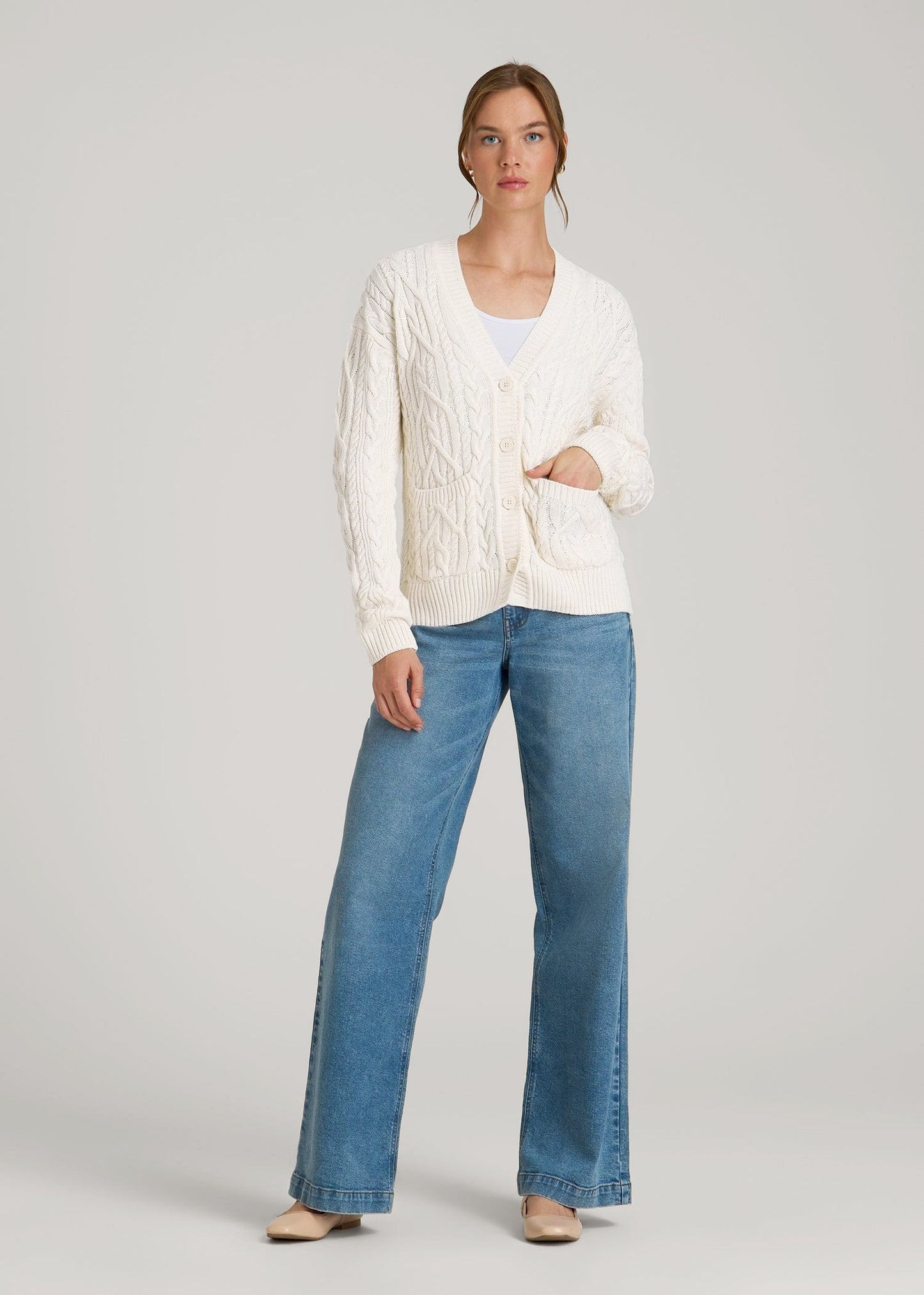 American Tall Women Relaxed Cotton Cable Knit Cardigan for Tall Women in Ecru