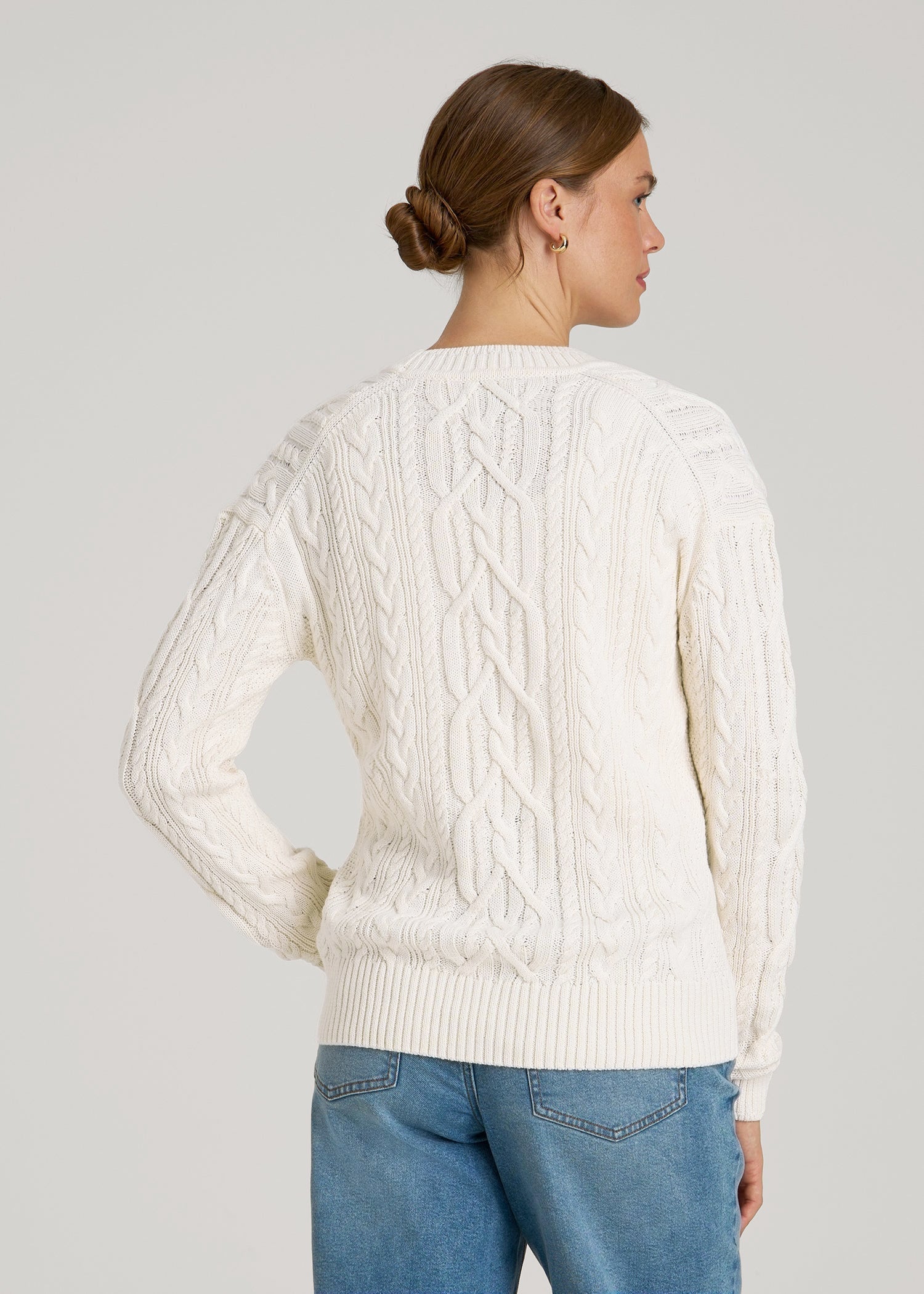 American Tall Women Relaxed Cotton Cable Knit Cardigan for Tall Women in Ecru