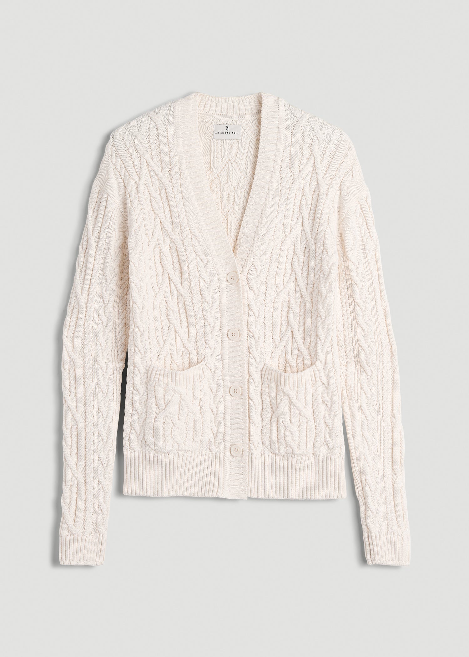 American Tall Women Relaxed Cotton Cable Knit Cardigan for Tall Women in Ecru