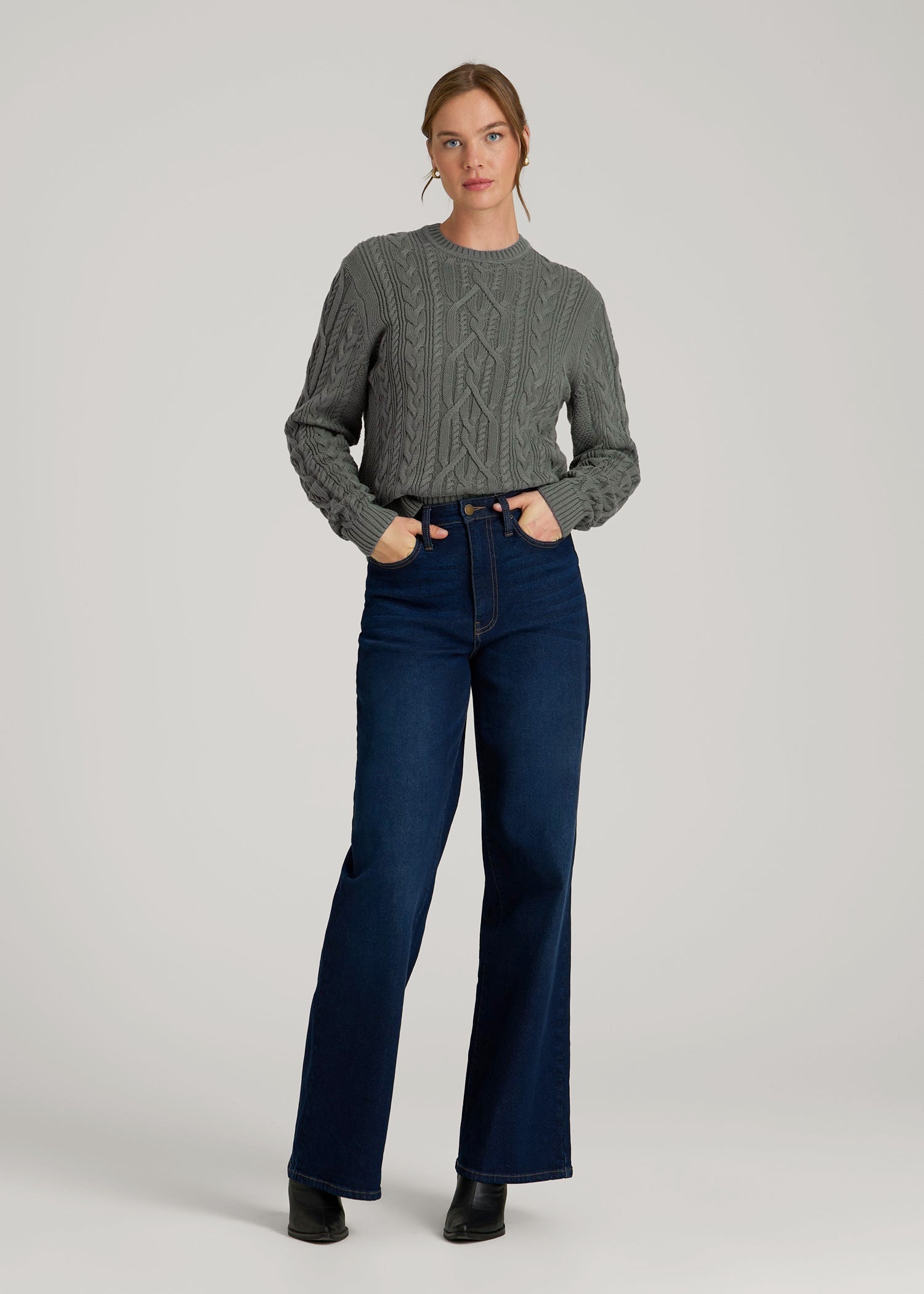 American Tall Women Cotton Crewneck Sweater for Tall Women in Balsam Green