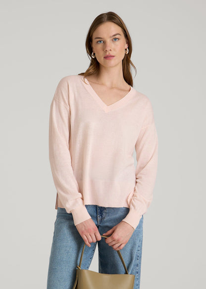 American Tall Women|Men Linen Blend Split Hem V-Neck Sweater for Tall Women in Hush Pink
