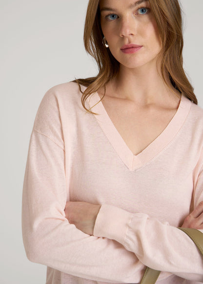 American Tall Women|Men Linen Blend Split Hem V-Neck Sweater for Tall Women in Hush Pink