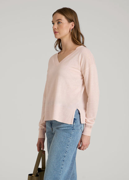 American Tall Women|Men Linen Blend Split Hem V-Neck Sweater for Tall Women in Hush Pink