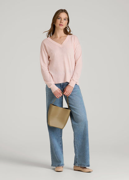 American Tall Women|Men Linen Blend Split Hem V-Neck Sweater for Tall Women in Hush Pink
