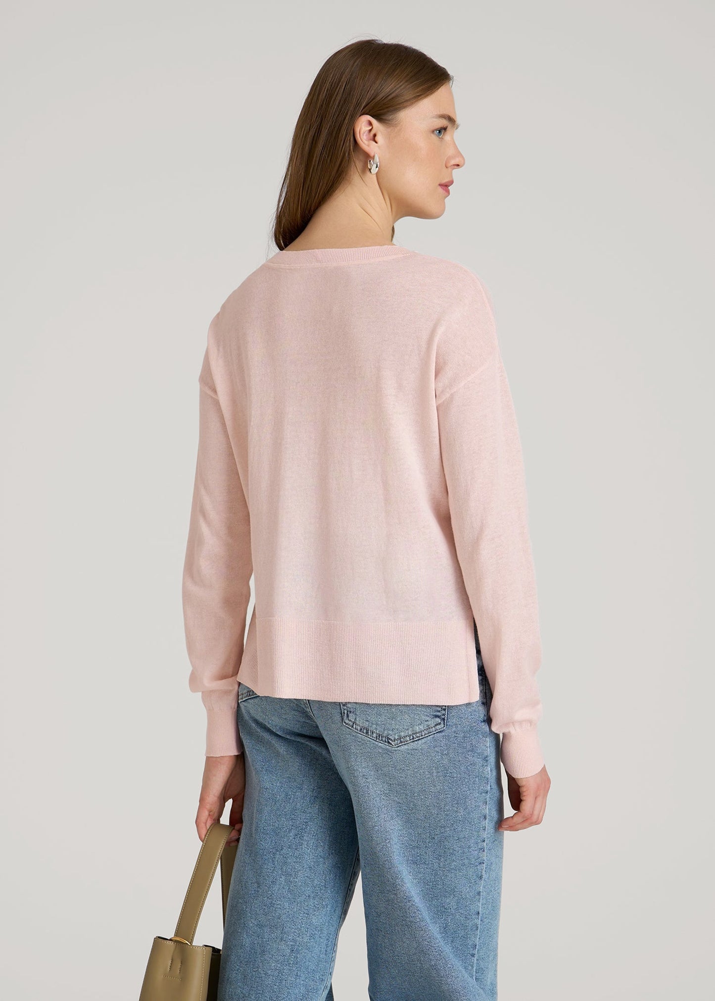 American Tall Women|Men Linen Blend Split Hem V-Neck Sweater for Tall Women in Hush Pink