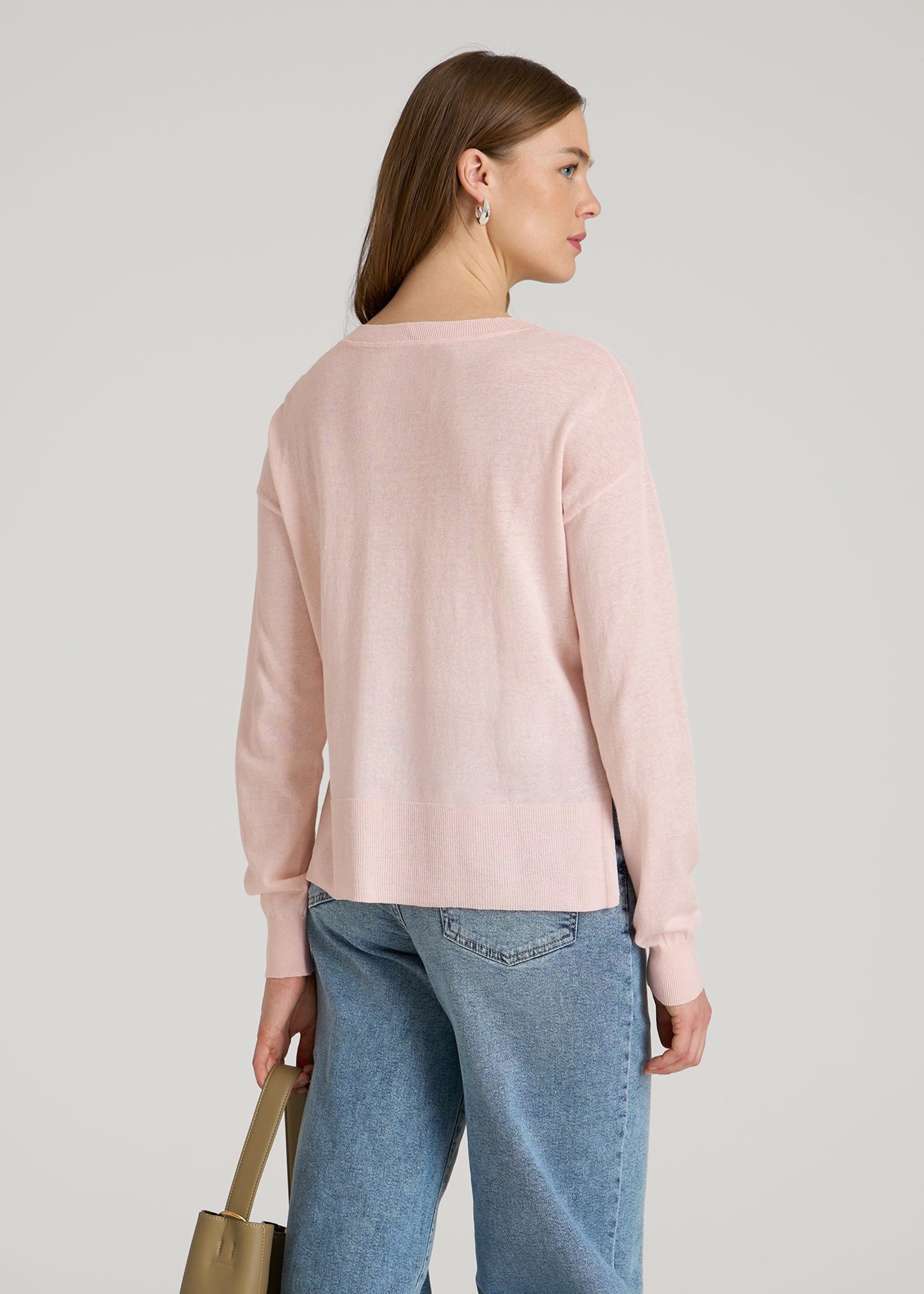 American Tall Women|Men Linen Blend Split Hem V-Neck Sweater for Tall Women in Hush Pink