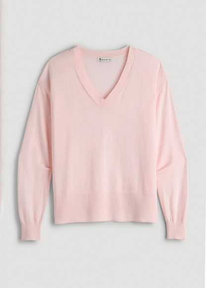 American Tall Women|Men Linen Blend Split Hem V-Neck Sweater for Tall Women in Hush Pink