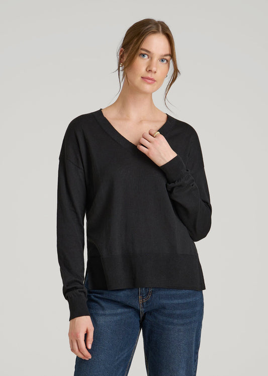 American Tall Women|Men Linen Blend Split Hem V-Neck Sweater for Tall Women in Black