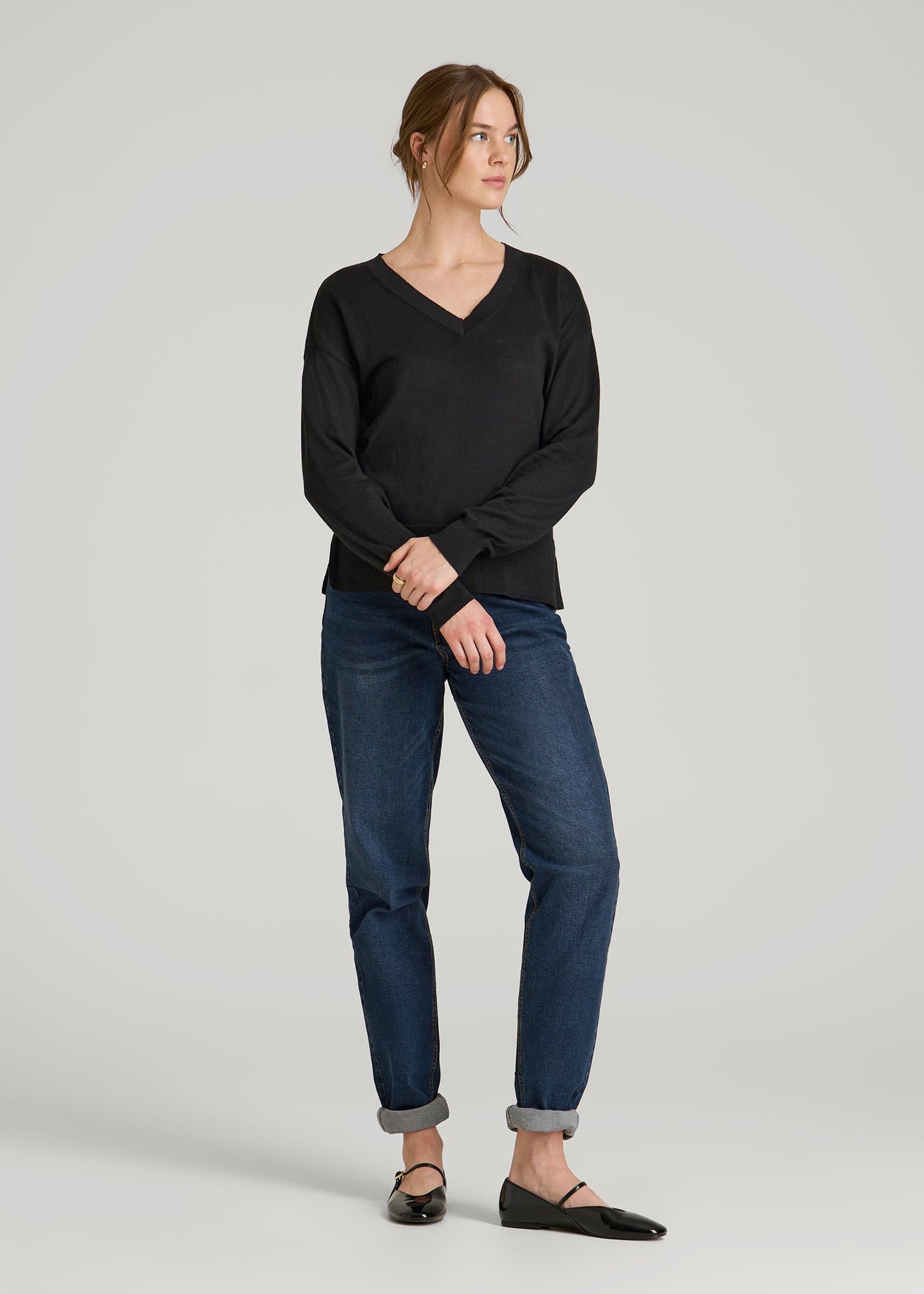 American Tall Women|Men Linen Blend Split Hem V-Neck Sweater for Tall Women in Black