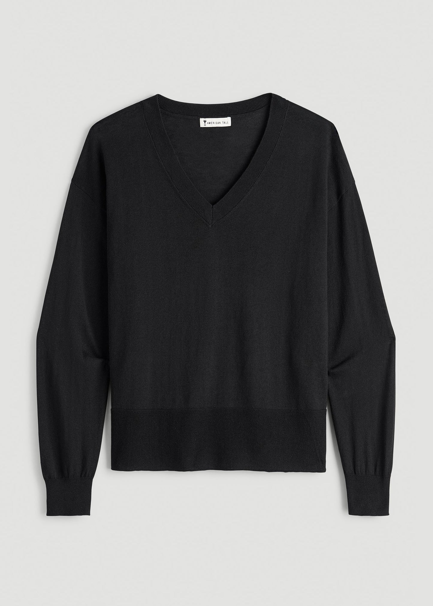 American Tall Women|Men Linen Blend Split Hem V-Neck Sweater for Tall Women in Black