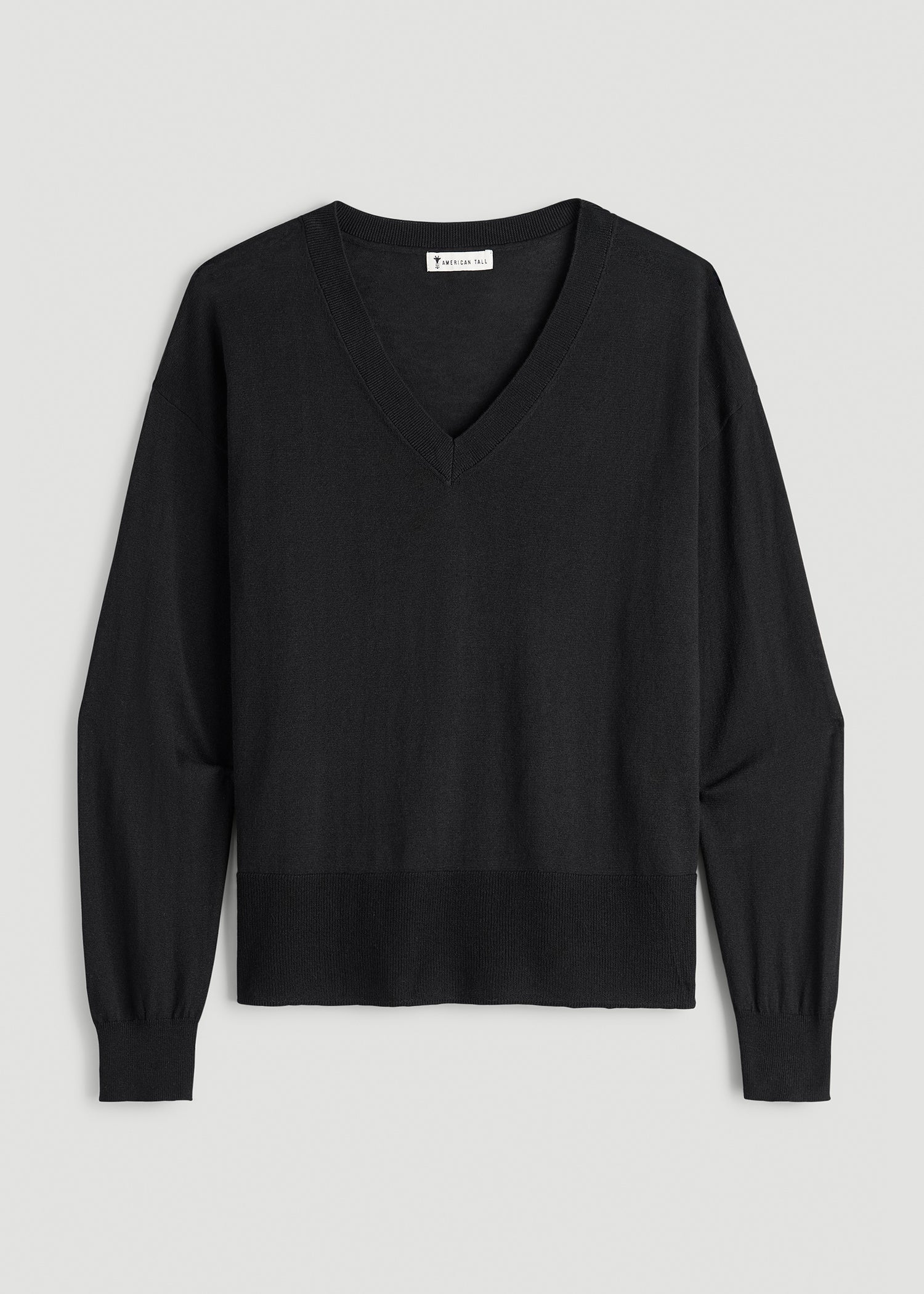 American Tall Women|Men Linen Blend Split Hem V-Neck Sweater for Tall Women in Black