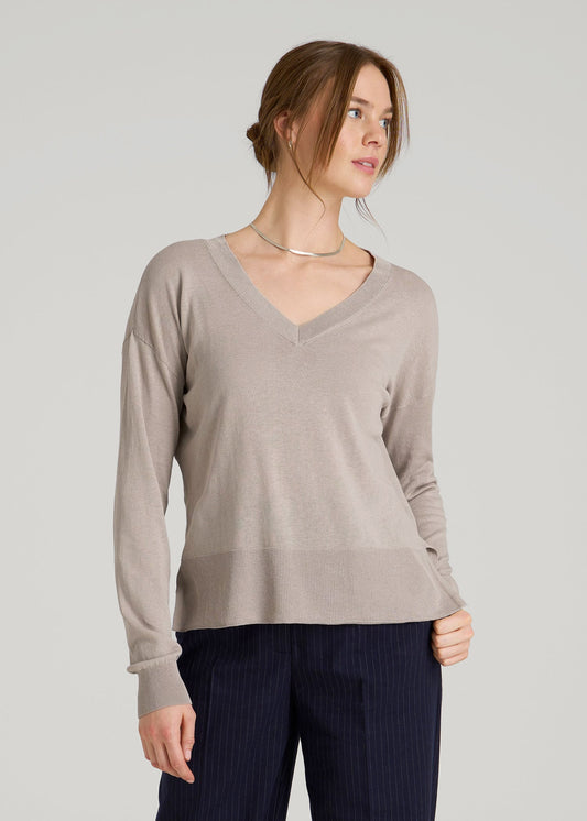 American Tall Women Linen Blend Split Hem V-Neck Sweater for Tall Women in Atmosphere
