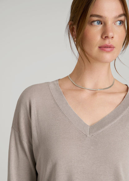 American Tall Women Linen Blend Split Hem V-Neck Sweater for Tall Women in Atmosphere