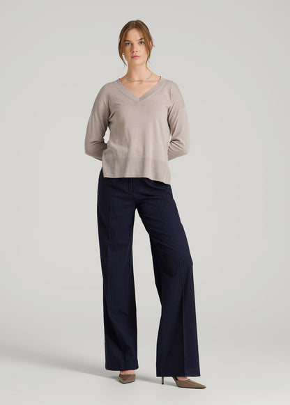 American Tall Women Linen Blend Split Hem V-Neck Sweater for Tall Women in Atmosphere