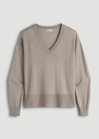 American Tall Women Linen Blend Split Hem V-Neck Sweater for Tall Women in Atmosphere