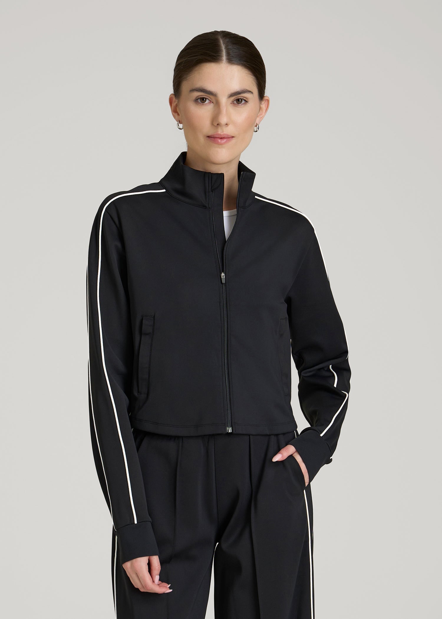 American Tall Women Cropped Track Jacket with Piping for Tall Women in Black