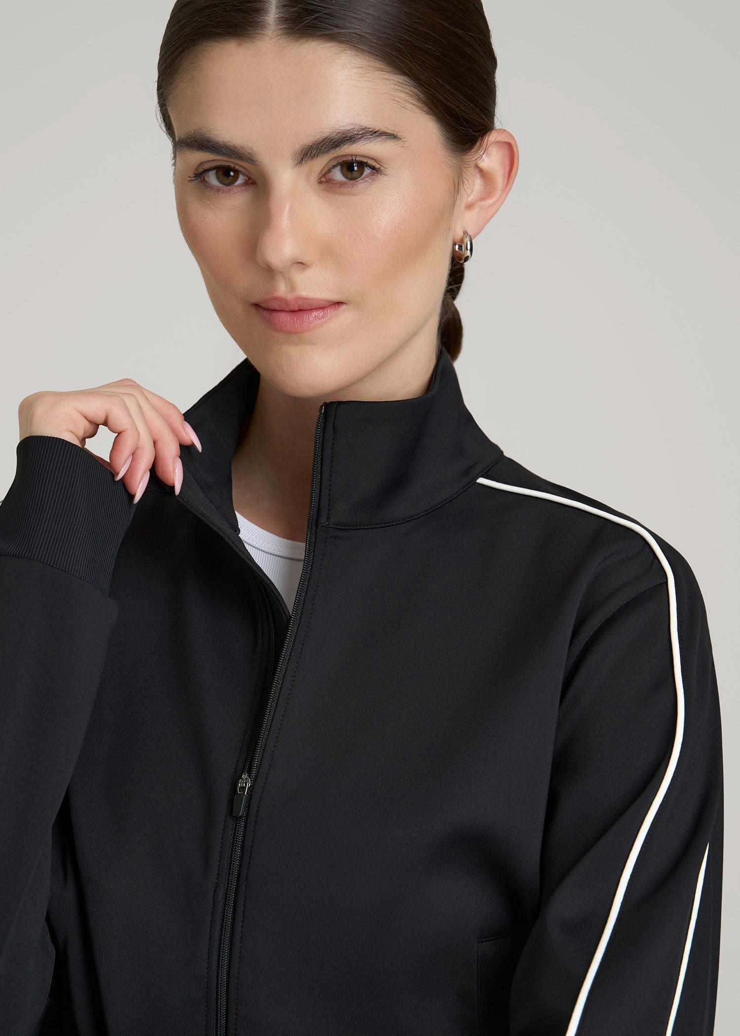 American Tall Women Cropped Track Jacket with Piping for Tall Women in Black