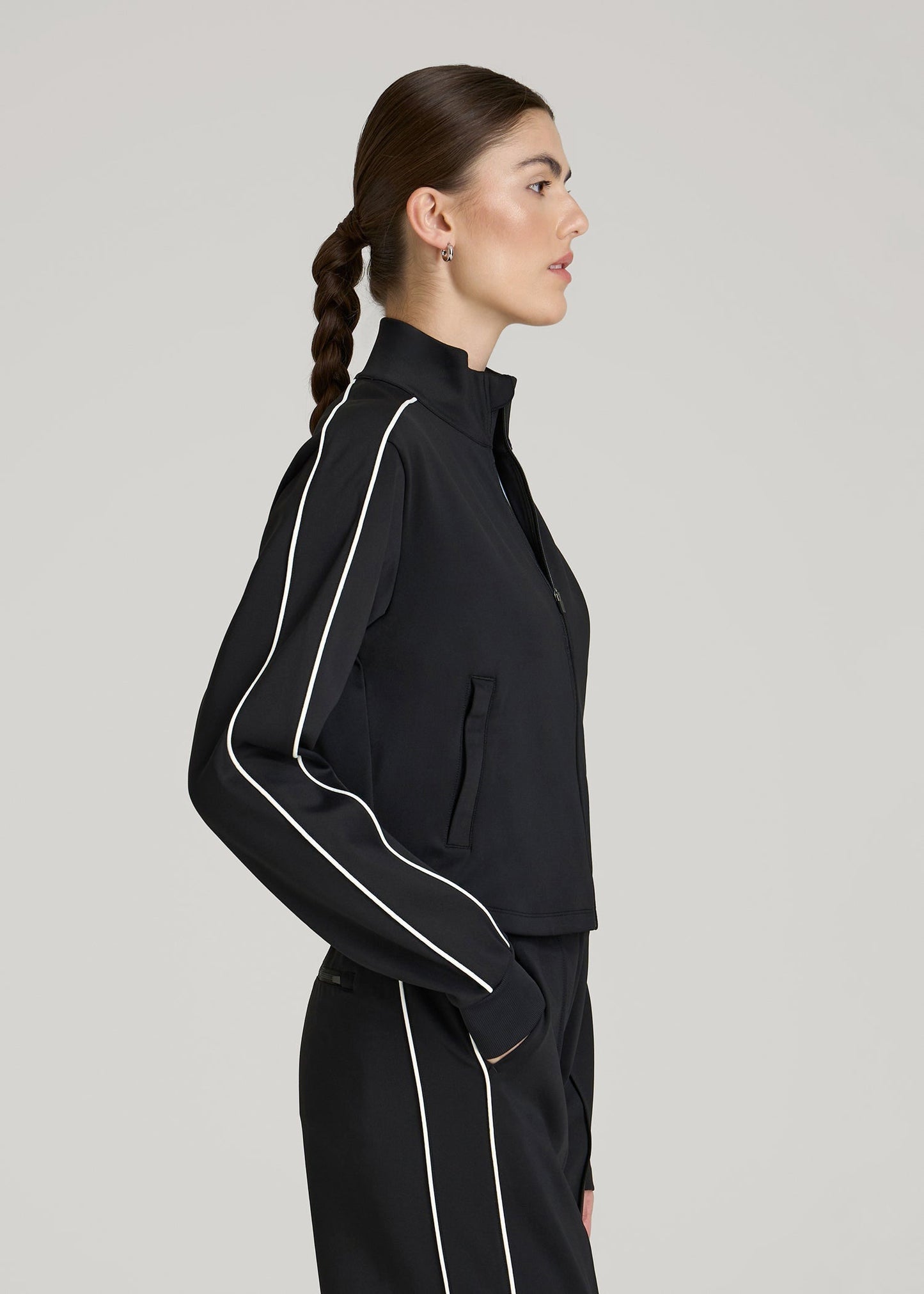 American Tall Women Cropped Track Jacket with Piping for Tall Women in Black