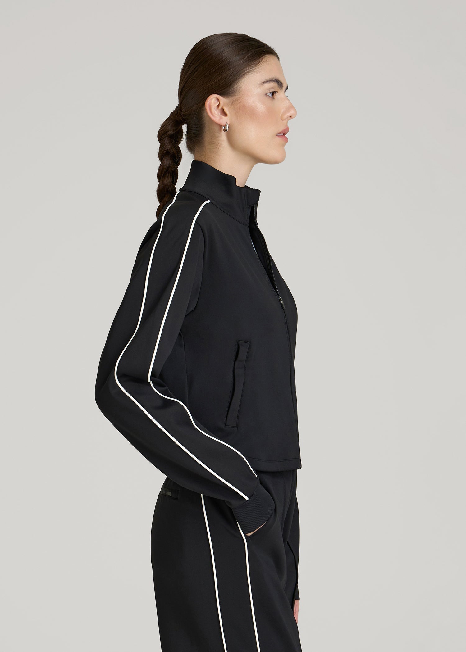 American Tall Women Cropped Track Jacket with Piping for Tall Women in Black
