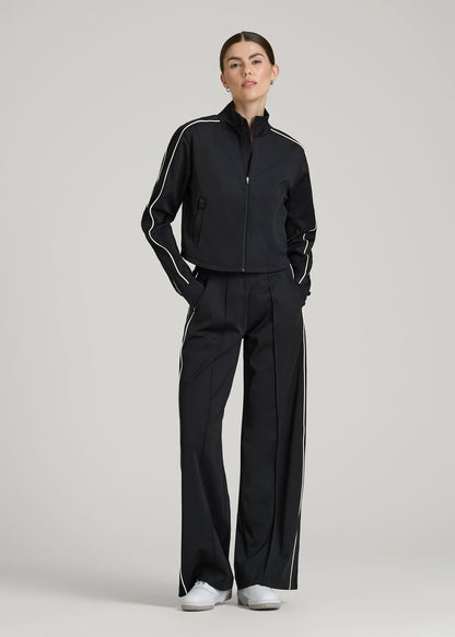 American Tall Women Cropped Track Jacket with Piping for Tall Women in Black