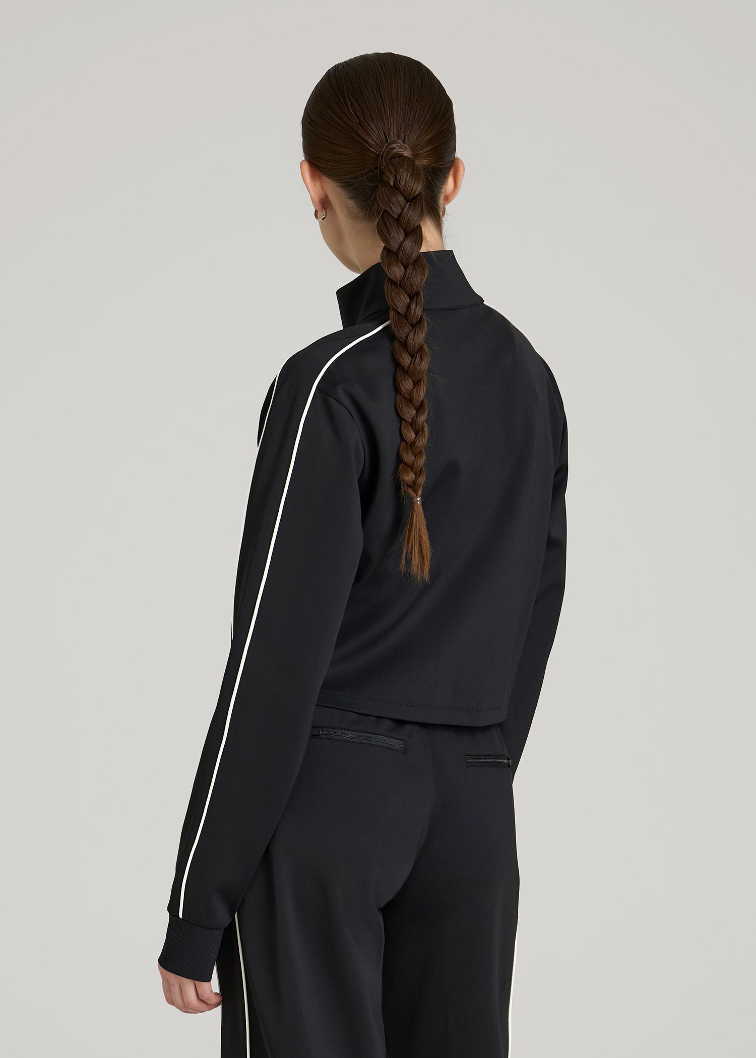 American Tall Women Cropped Track Jacket with Piping for Tall Women in Black