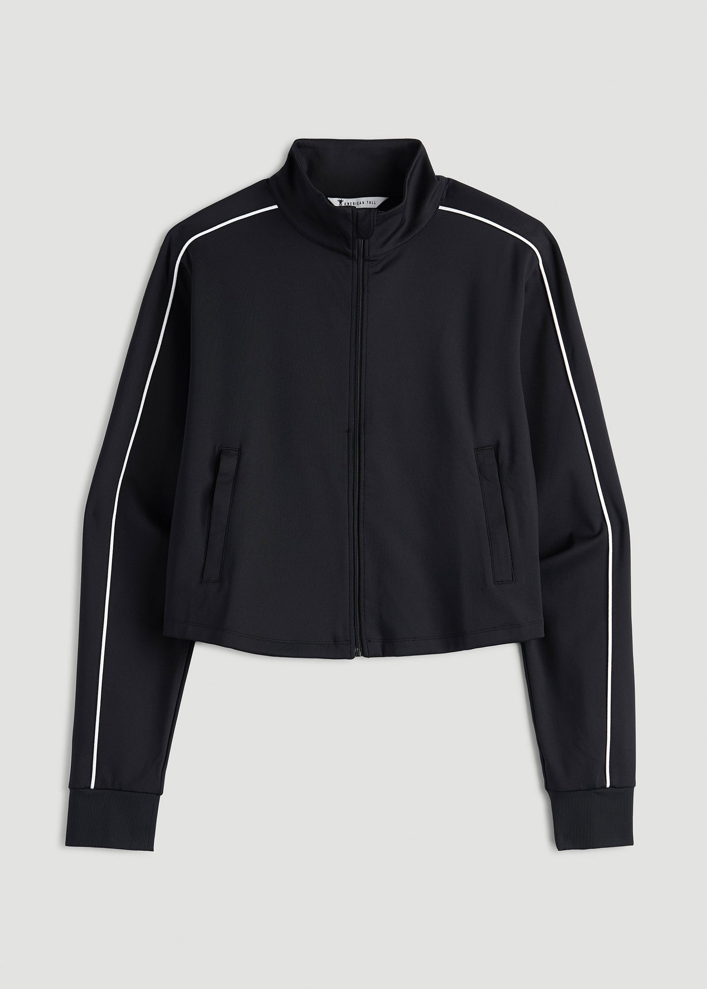 American Tall Women Cropped Track Jacket with Piping for Tall Women in Black
