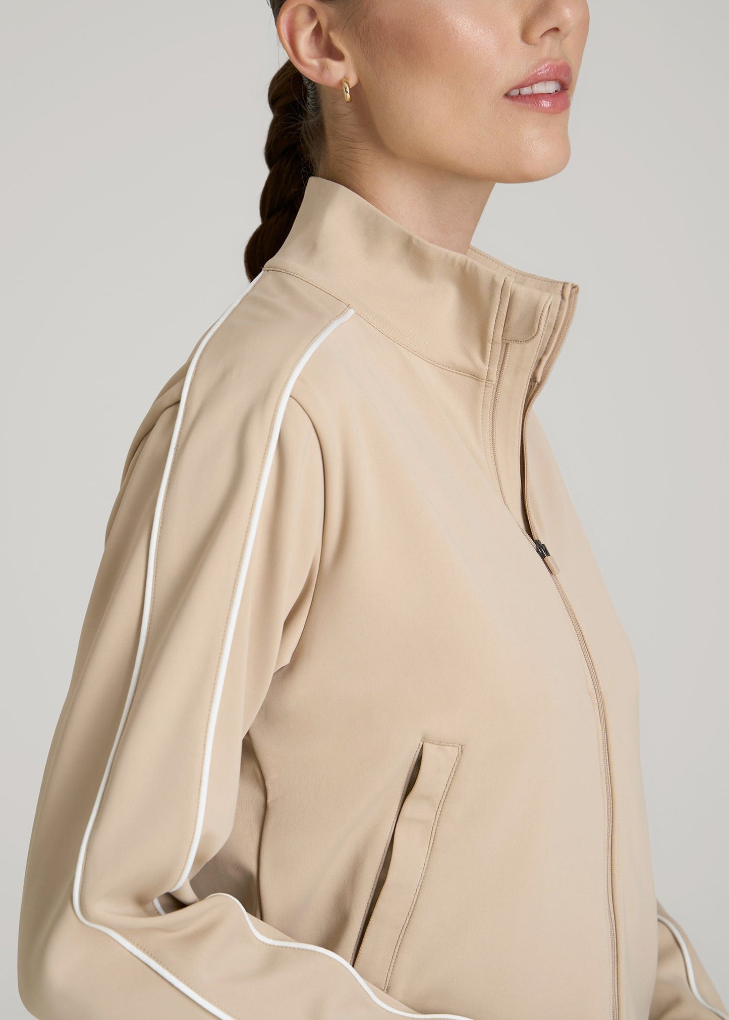 American Tall Women Cropped Track Jacket with Piping for Tall Women in Clay