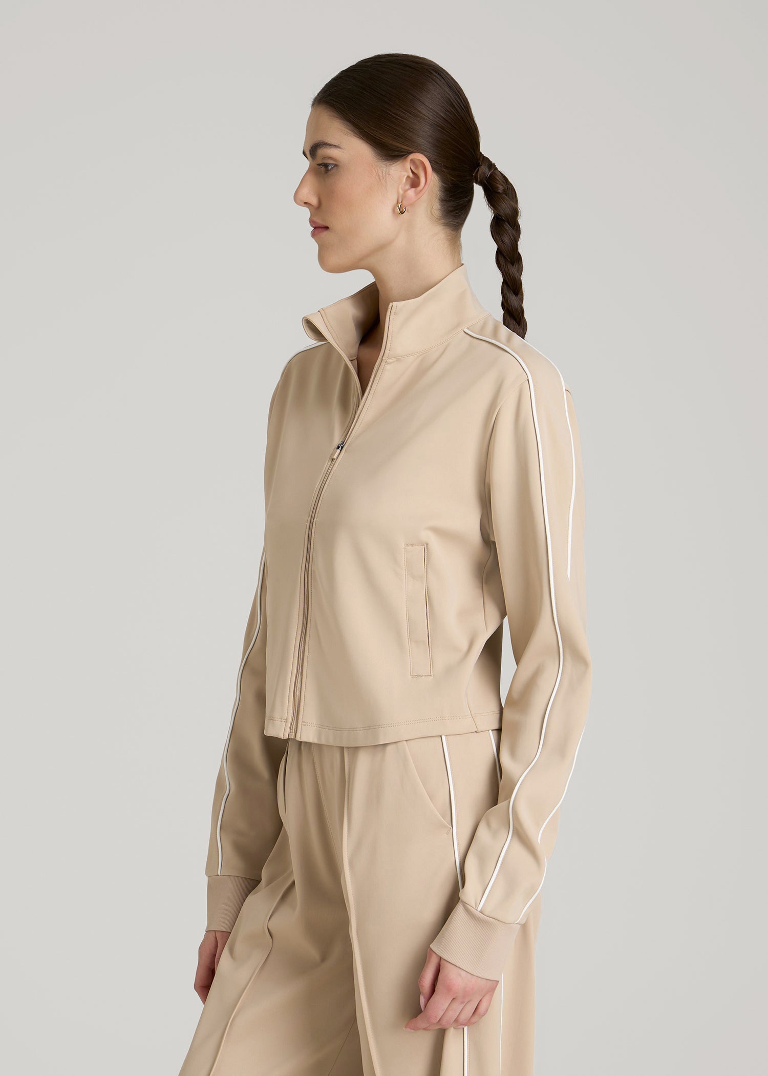 American Tall Women Cropped Track Jacket with Piping for Tall Women in Clay