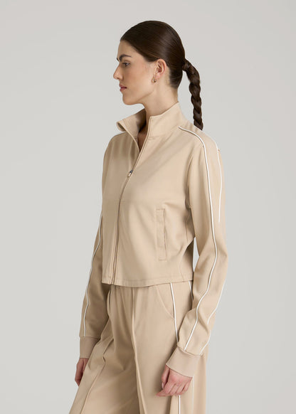 American Tall Women Cropped Track Jacket with Piping for Tall Women in Clay