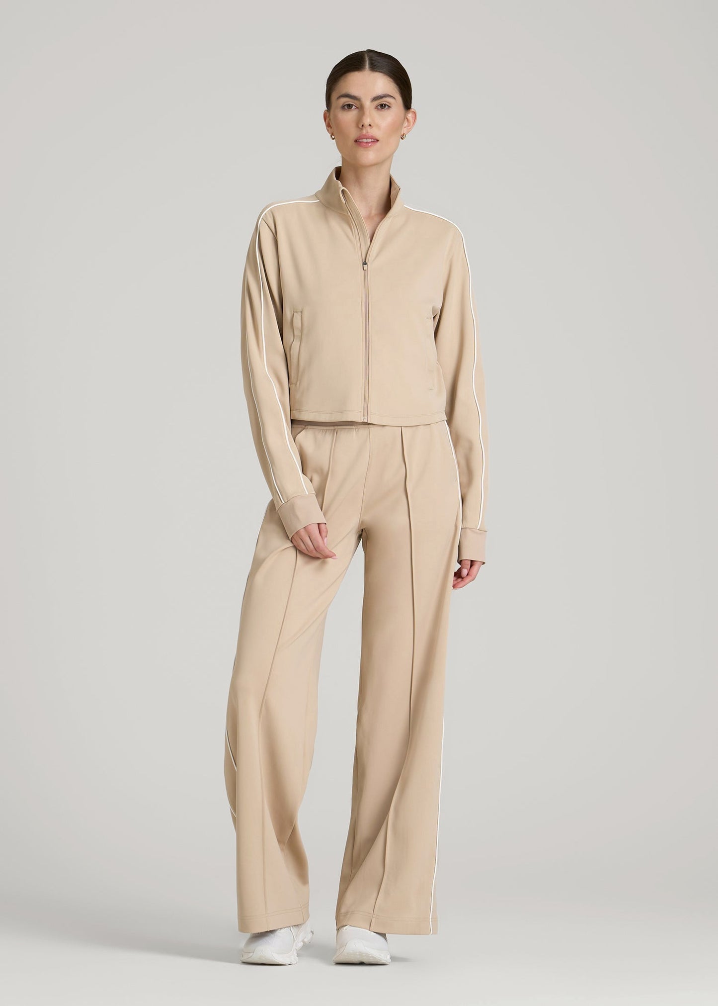 American Tall Women Cropped Track Jacket with Piping for Tall Women in Clay
