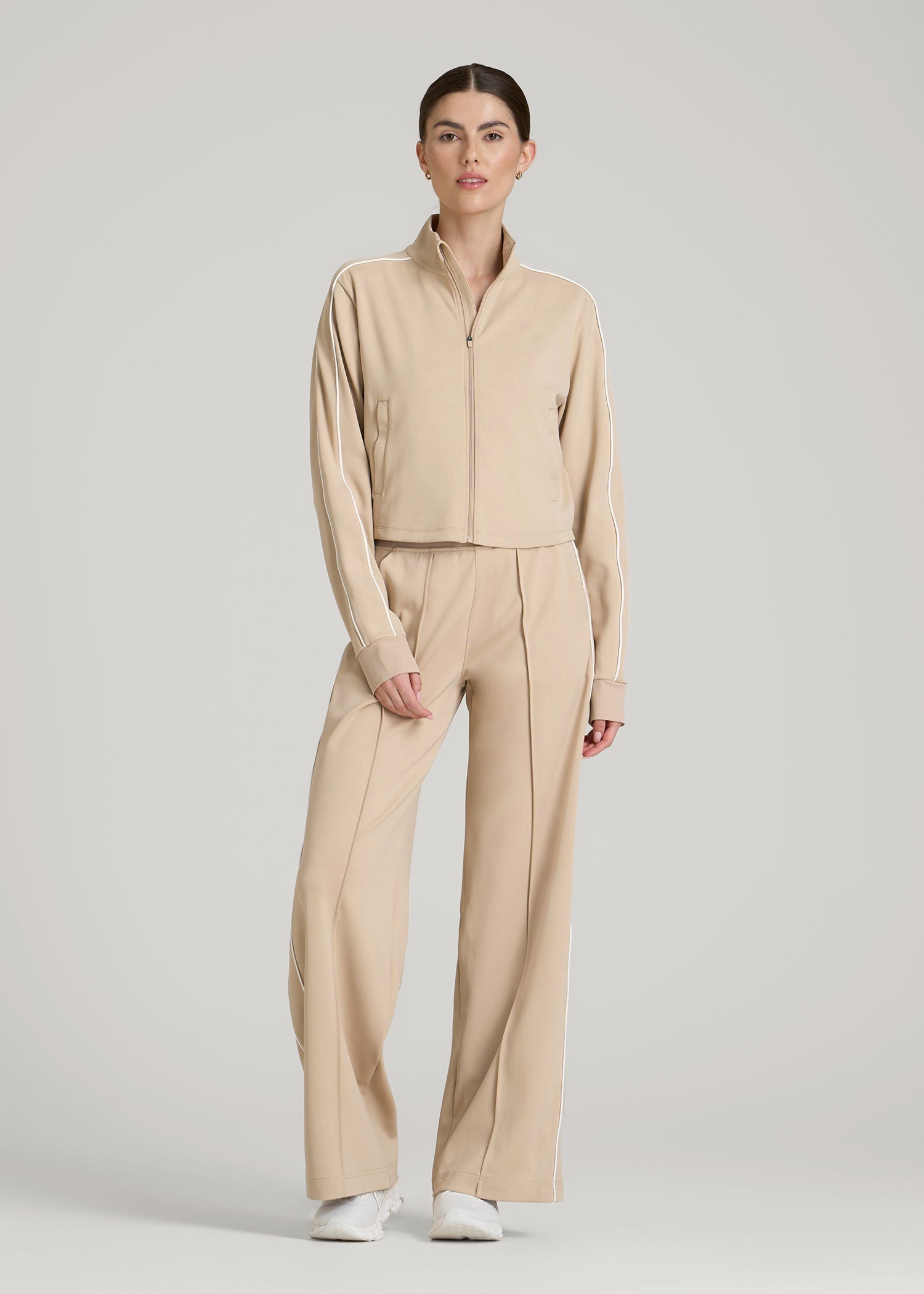 American Tall Women Cropped Track Jacket with Piping for Tall Women in Clay