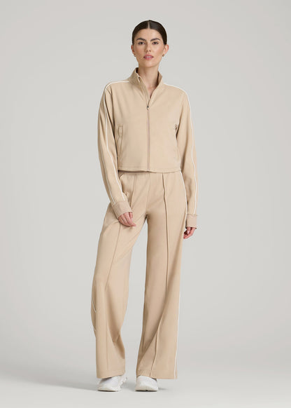 American Tall Women Cropped Track Jacket with Piping for Tall Women in Clay