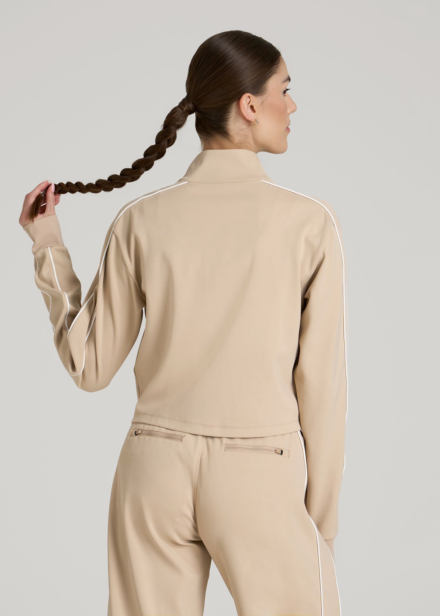 American Tall Women Cropped Track Jacket with Piping for Tall Women in Clay