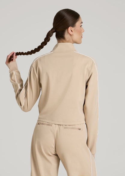 American Tall Women Cropped Track Jacket with Piping for Tall Women in Clay