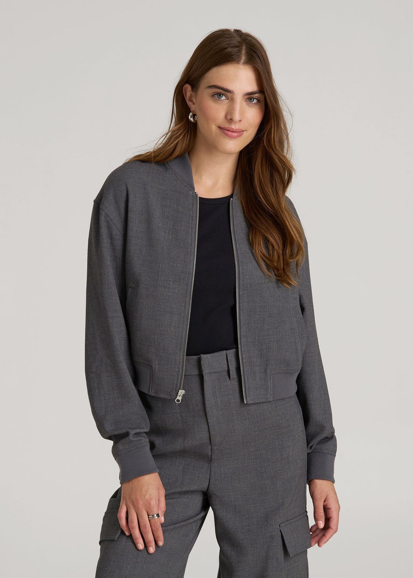 American Tall Women|Men Cropped Bomber Jacket for Tall Women in Graphic Charcoal