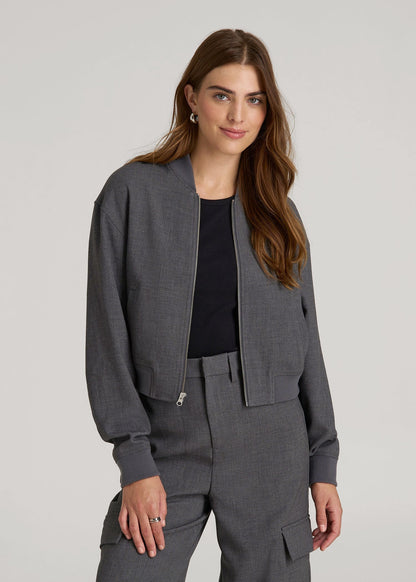 American Tall Women|Men Cropped Bomber Jacket for Tall Women in Graphic Charcoal