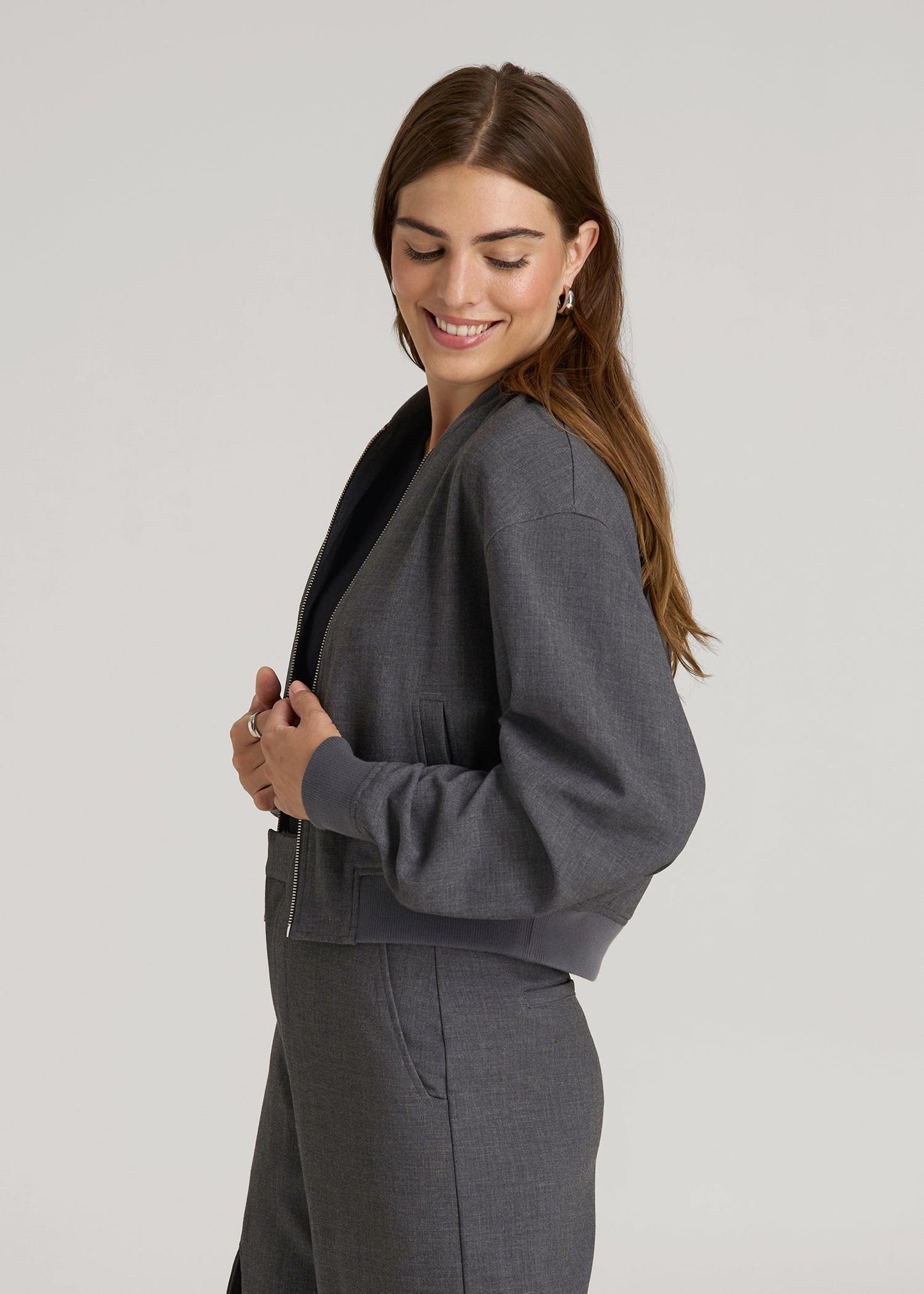 American Tall Women|Men Cropped Bomber Jacket for Tall Women in Graphic Charcoal