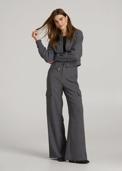 American Tall Women|Men Cropped Bomber Jacket for Tall Women in Graphic Charcoal